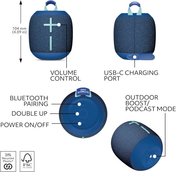 Ultimate Ears WONDERBOOM 4 Outdoor Speakers Bluetooth Waterproof with Big Bass & 360-Degree Sound, Dustproof Floating Wireless Speaker, 131ft Range - Blue - Image 4